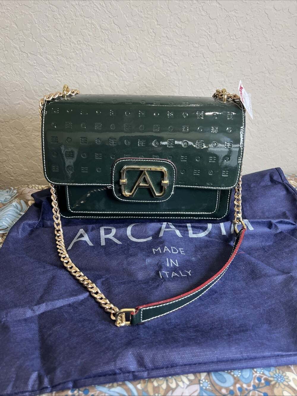 Arcadia Italian Forest Green Patent Embossed Satchel Chain Strap Red Accents NWT